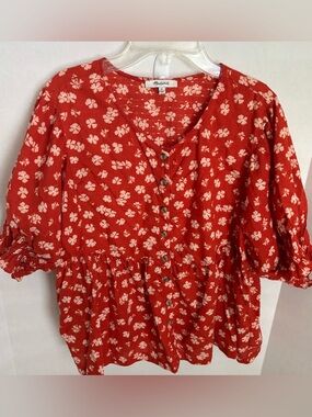 Madewell  Boho style orange Red Floral Button Front Blouse